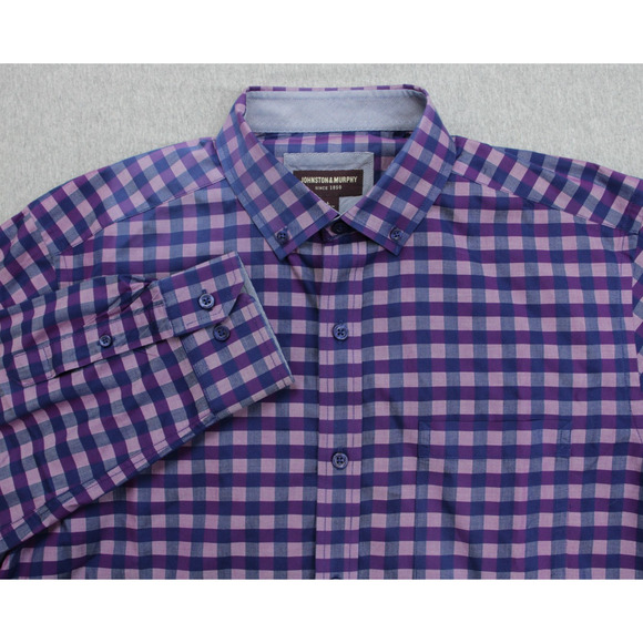 Johnston & Murphy Shirt Mens Large Check 100% Cotton Button Down Long Sleeve - Picture 1 of 7